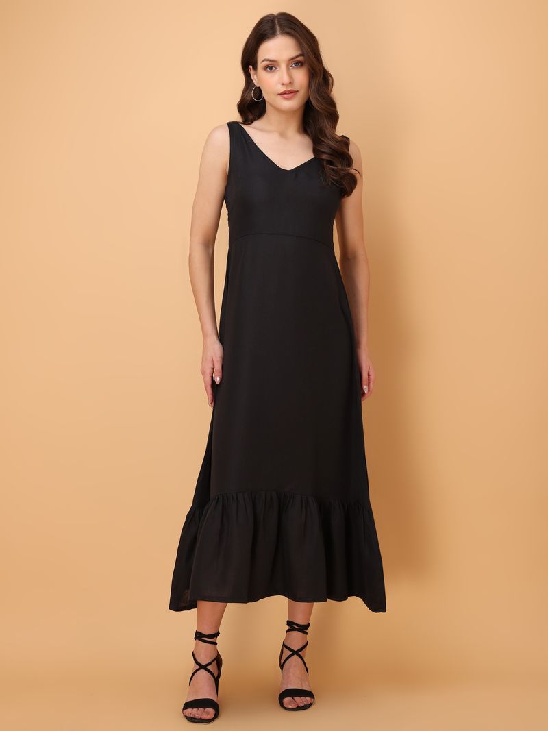 Women's V-Neck Midi A-Line Sleeveless Black Dress