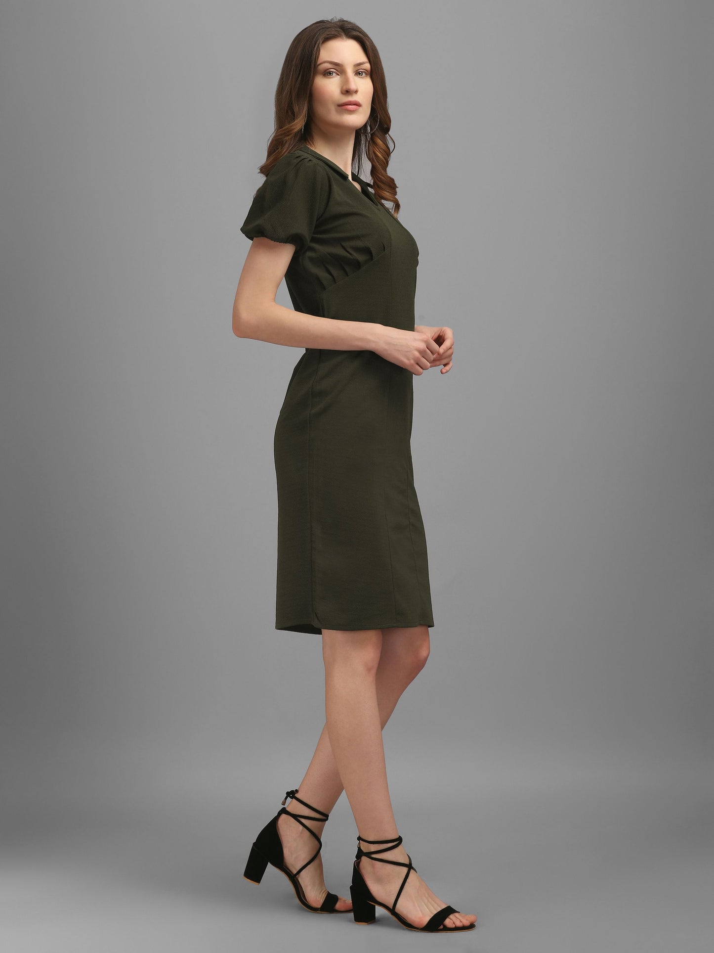 V-Neck Dark-Olive Bodycon Dress