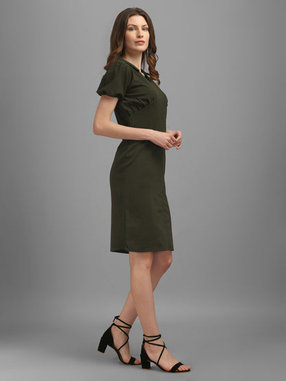 V-Neck Dark-Olive Bodycon Dress