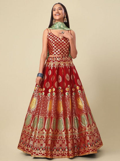 Woven Design Maroon Semi-Stitched Lehenga Choli