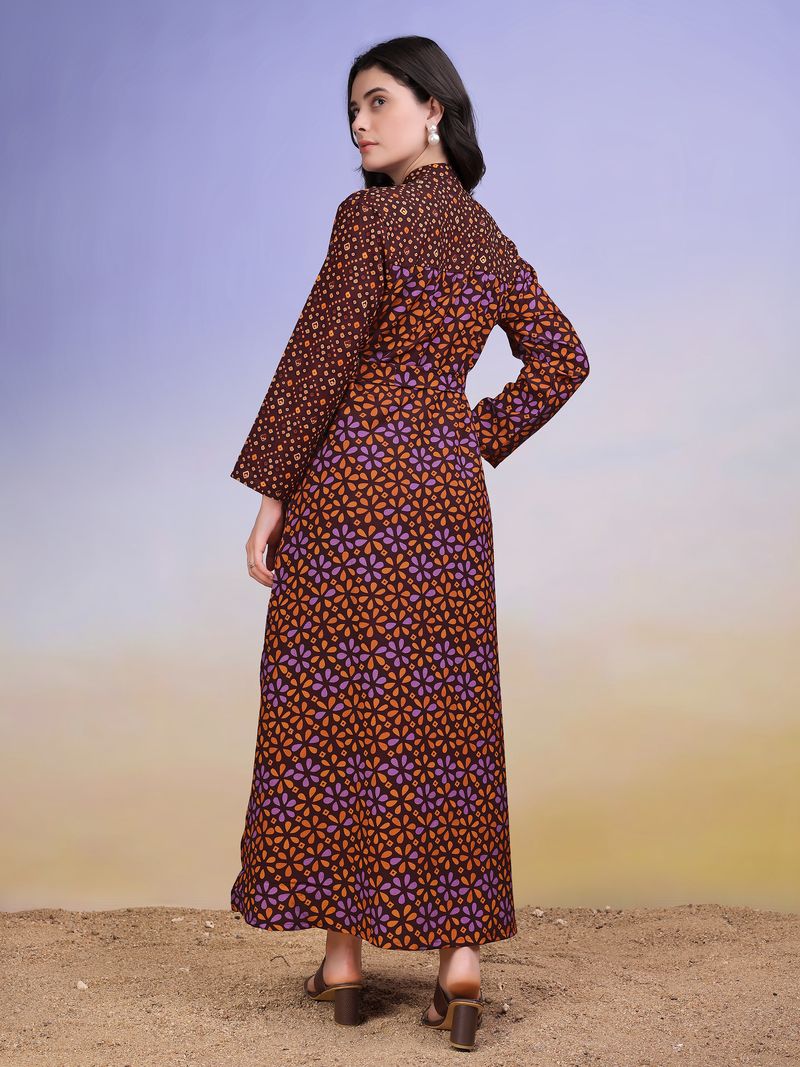 Women's Brown A-Line Bell Sleeve Cotton Blend Dress