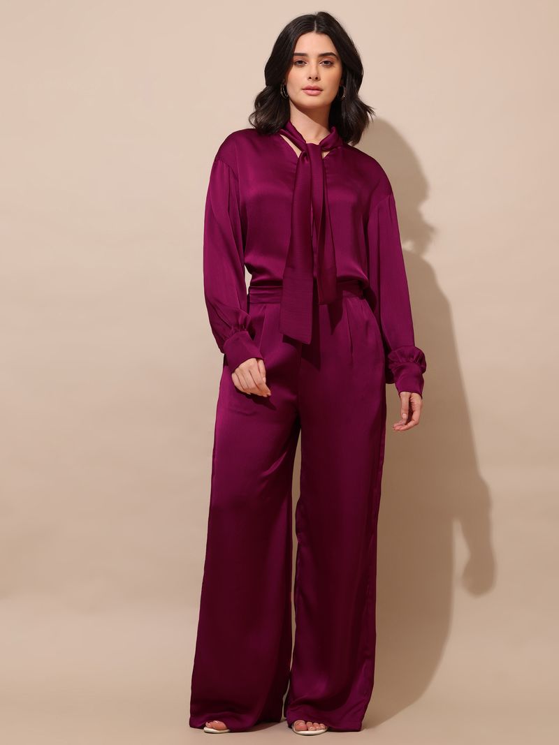 Women's Magenta Solid Silk Blend Tie-Up Stylized Co-Ords