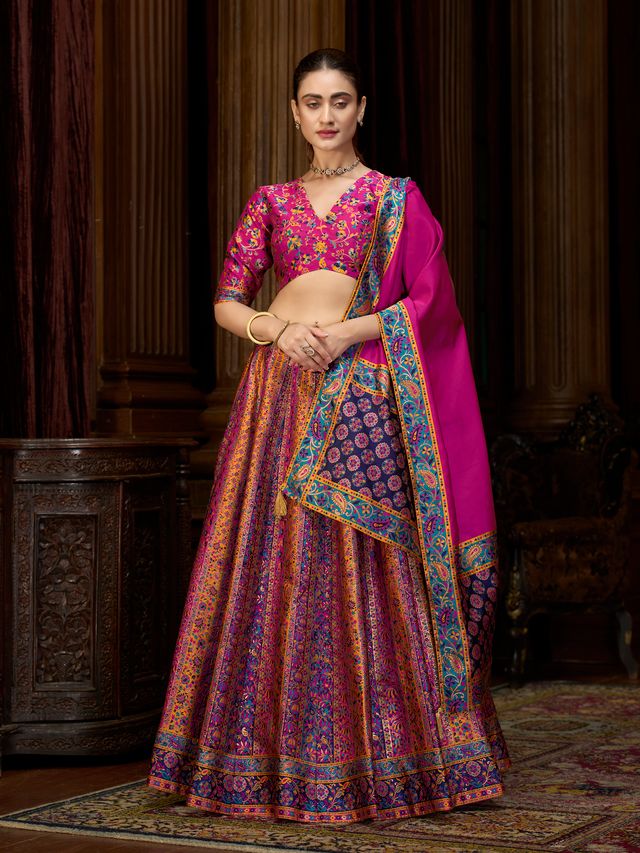 Women's Pink Jacquard Crape Lehengas