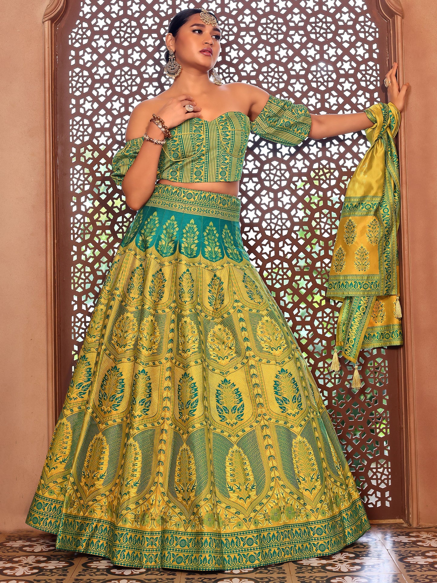 Kanjiwaram With Zari Lime Lehenga Choli