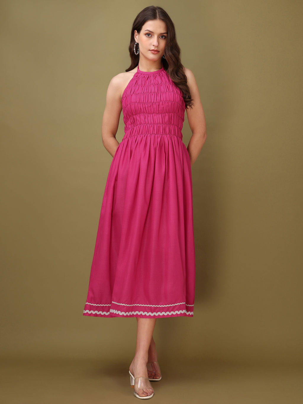 Women Fit & Flare Ruched Pink Dress