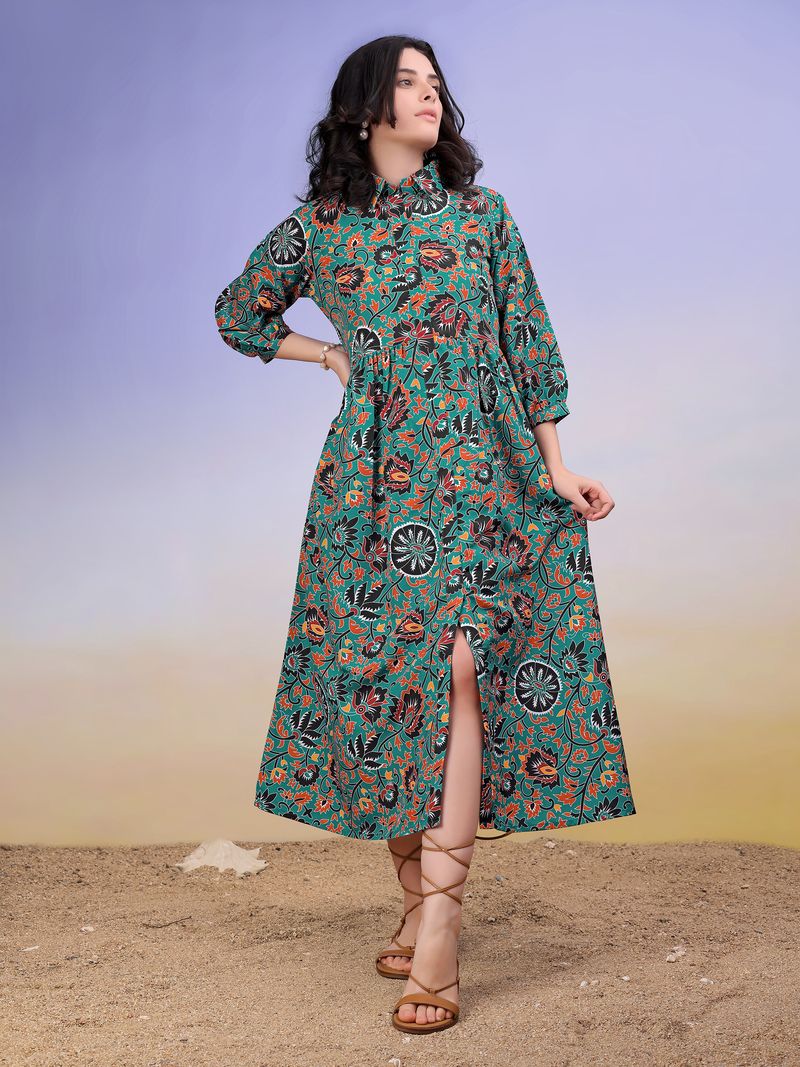 Women's Green Fit & Flared Shirt Collar Dress