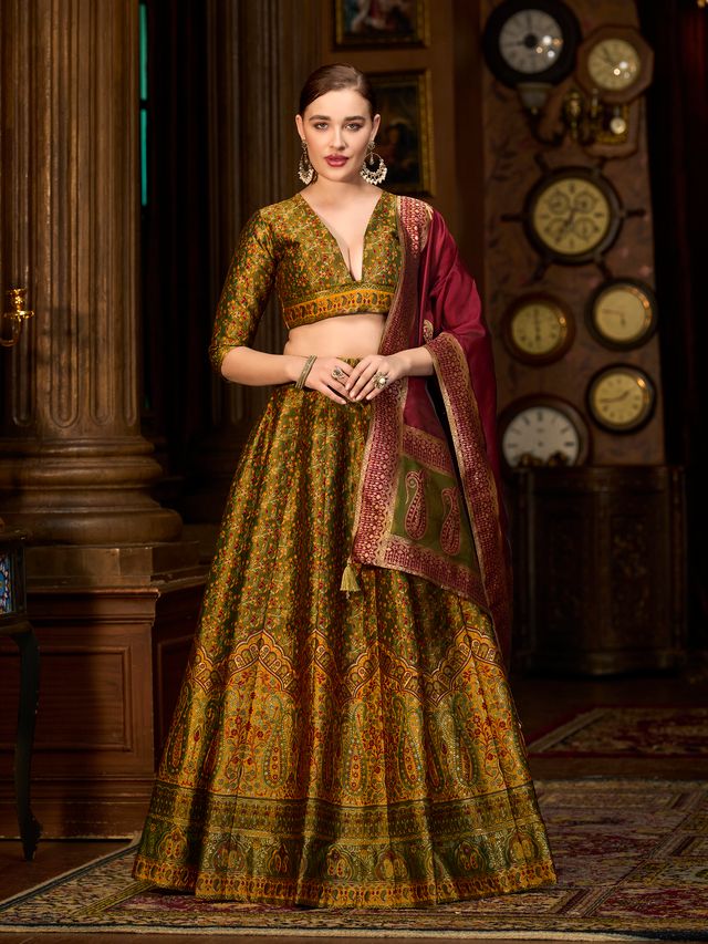 Women's Olive Kanjiwaram Lehengas