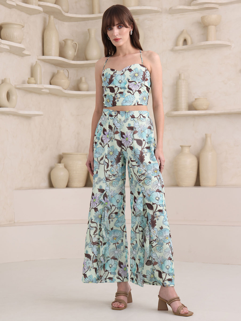 Women's Sea-Green Sweetheart Neck Sleevless Top & Palazzos Sets