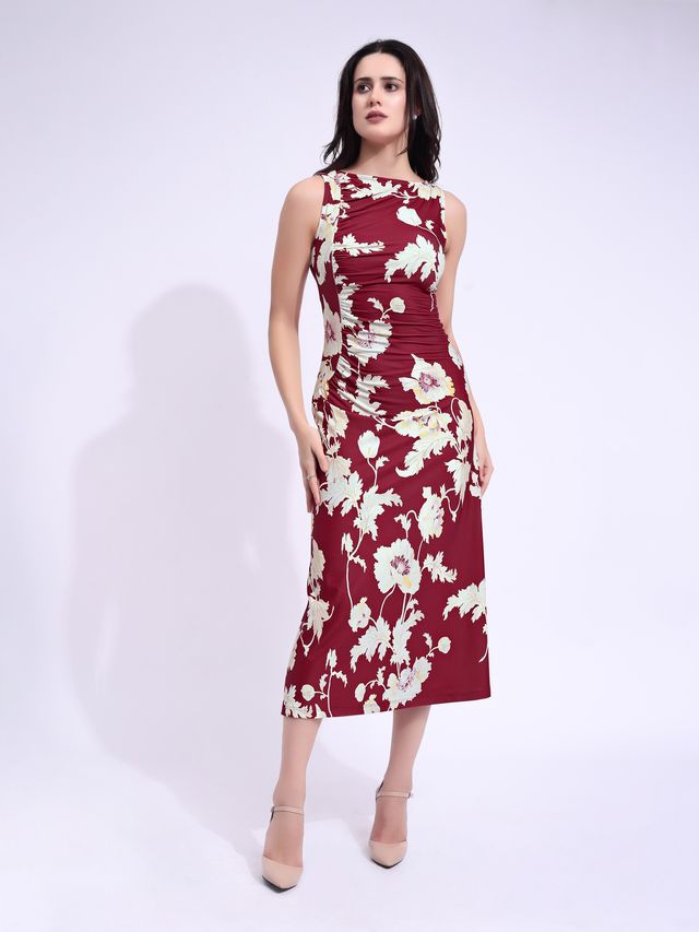 Women's Maroon Printed Maxi  Sleeveless Dress