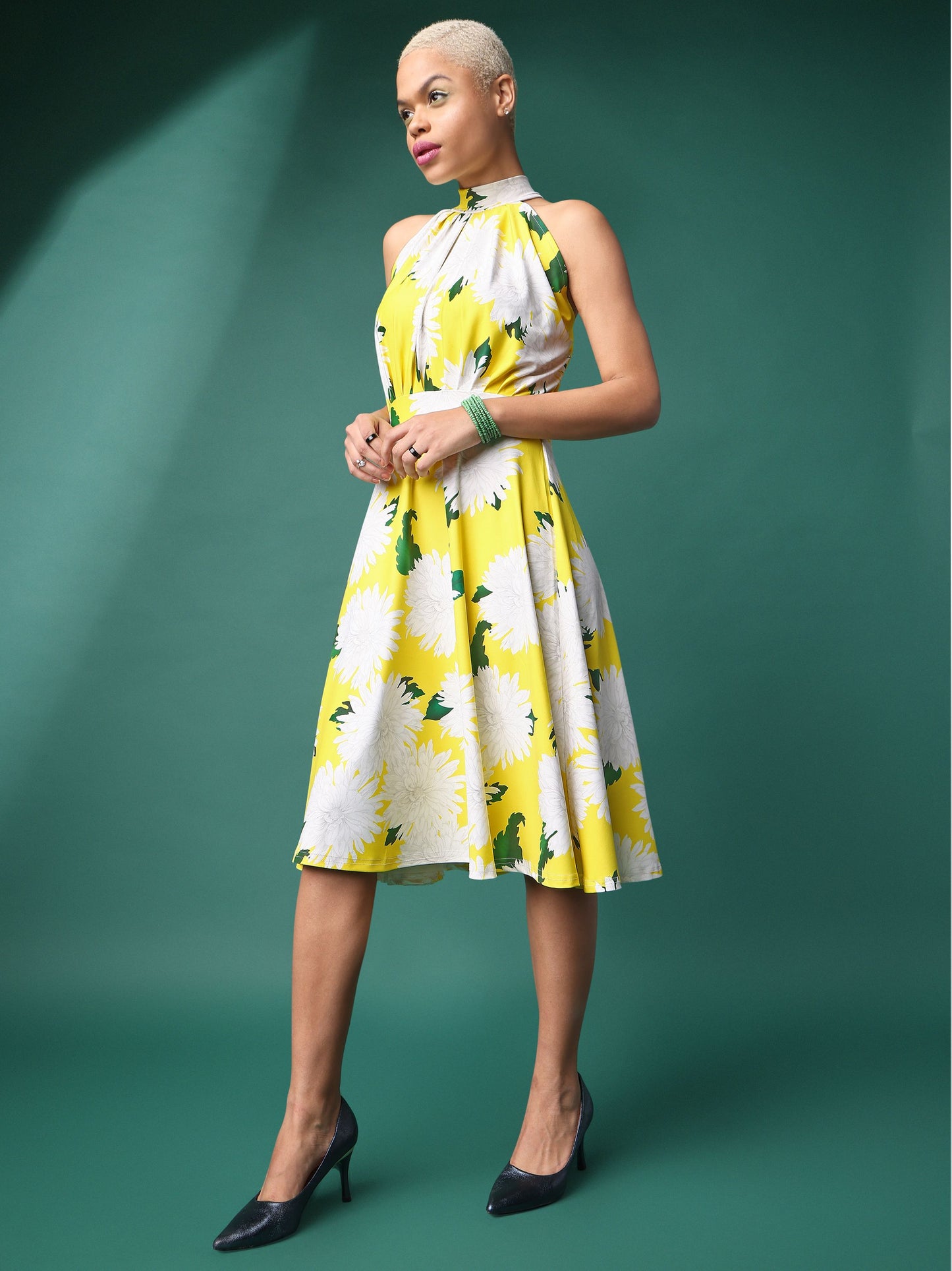 Women Yellow Fit & Flare Floral Print Dress