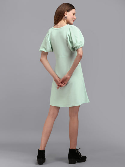 Tea Green Round neck  Puff Sleeve Bodycon Dress