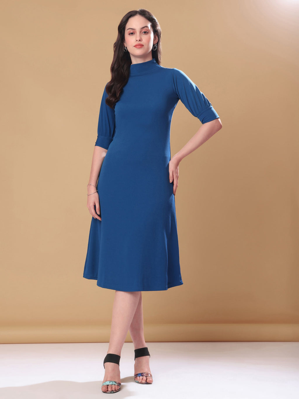 Women's A-Line Elbow Sleeve Teal Dress