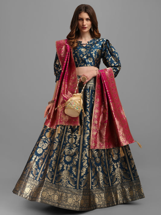 Floral Woven Kalidar Rama Lehenga Choli