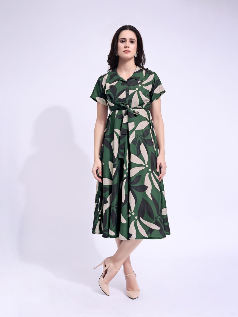 Women's Green Fit & Flared Stylish Sleeve Dress