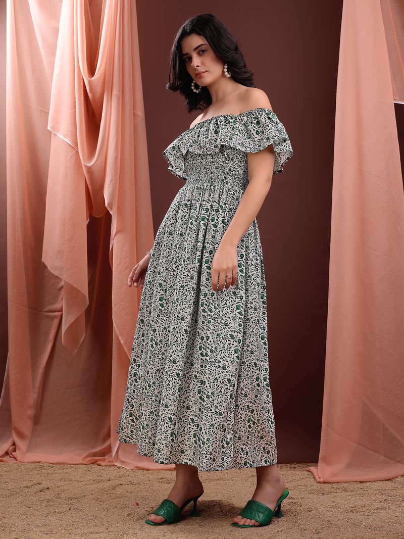 Women's Green Printed Off Shoulder Midi Sleeveless Dress