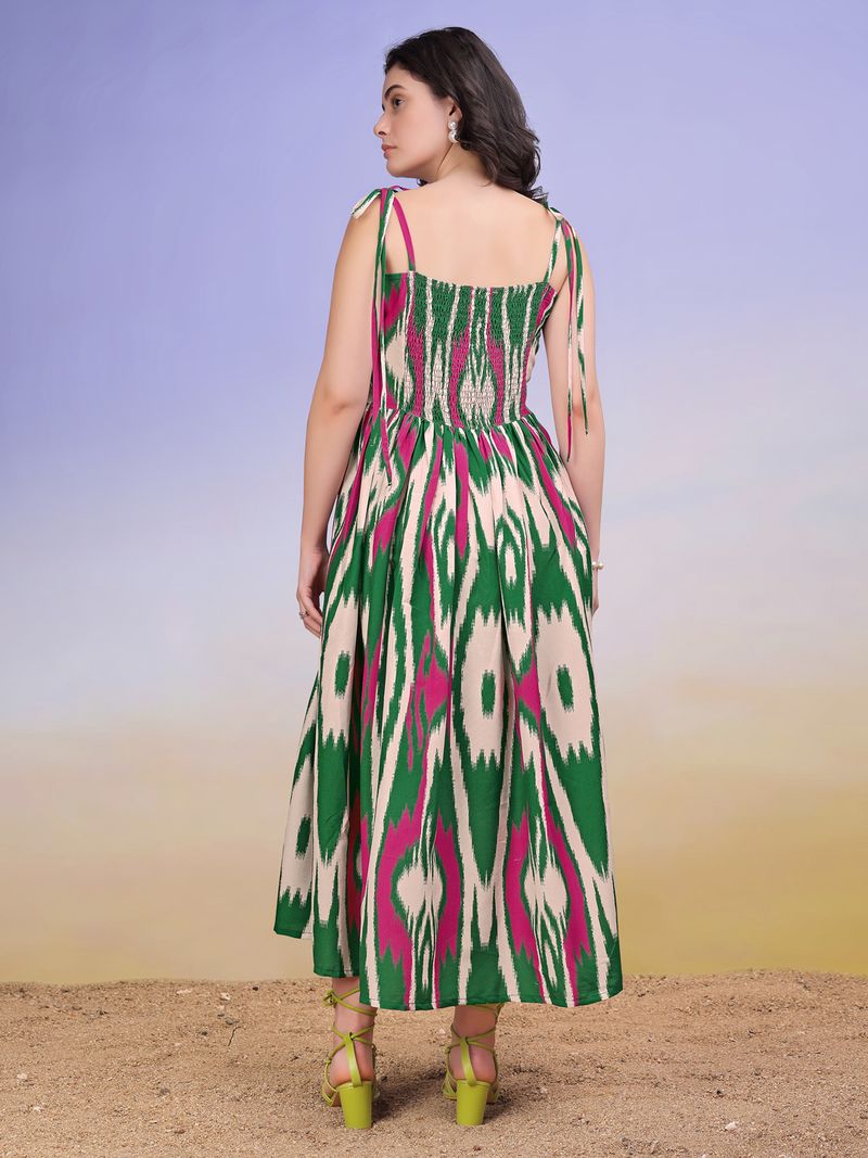 Women's Printed Fit and Flare Square Sleeveless Green Dress