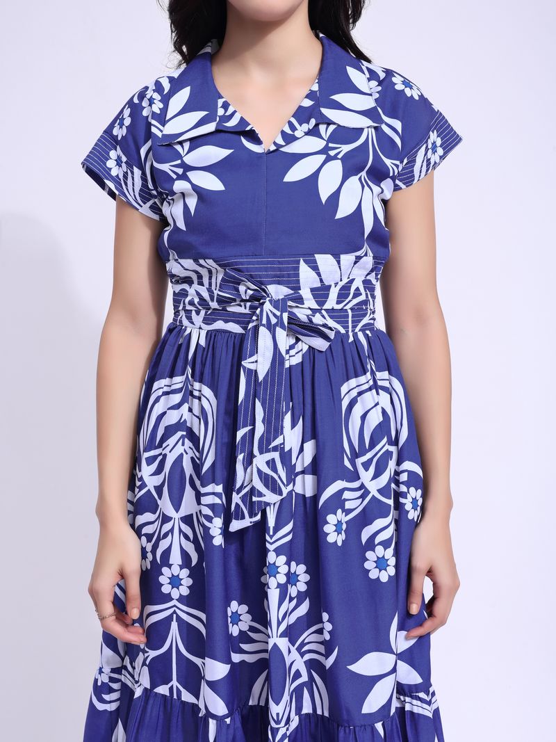 Women's Blue Fit & Flared Midi Cap Sleeve Dress