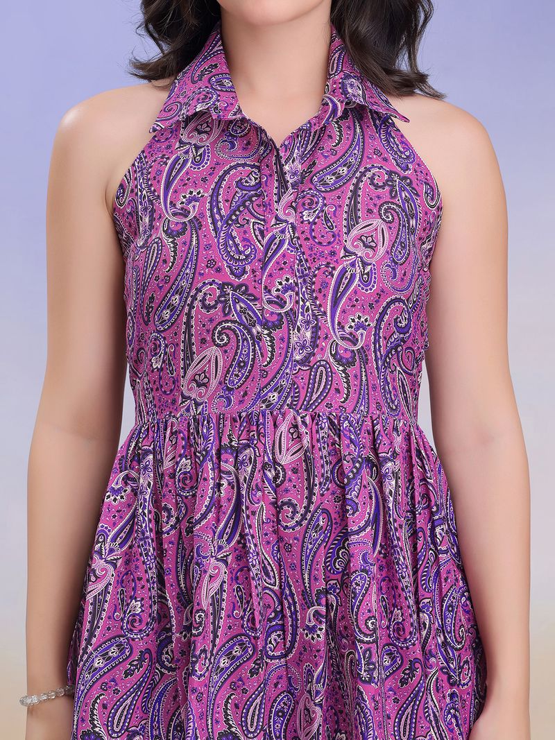 Women's Printed Fit and Flare Maxi Purple Dress