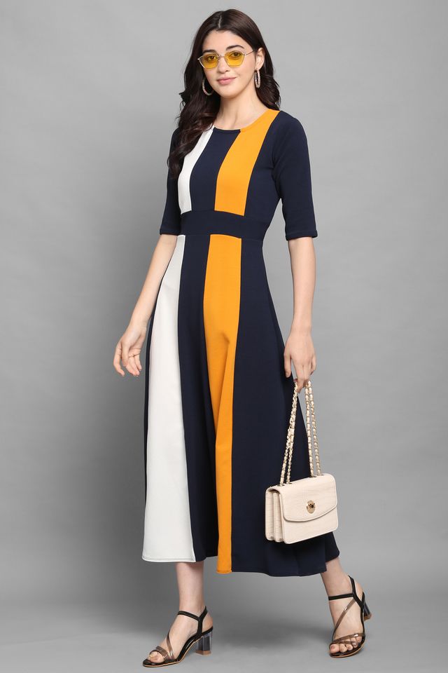 Women Yellow & Blue Fit & Flare dress