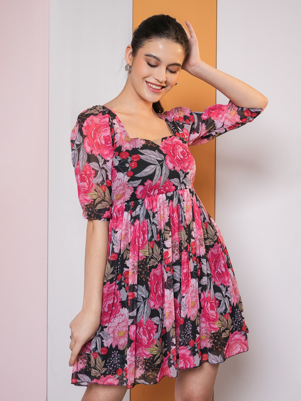 Women Red Woven Georgette Dress