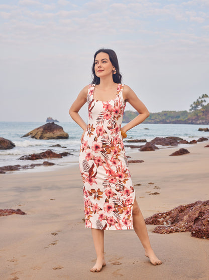 Flower Print  White Bodycon Dress