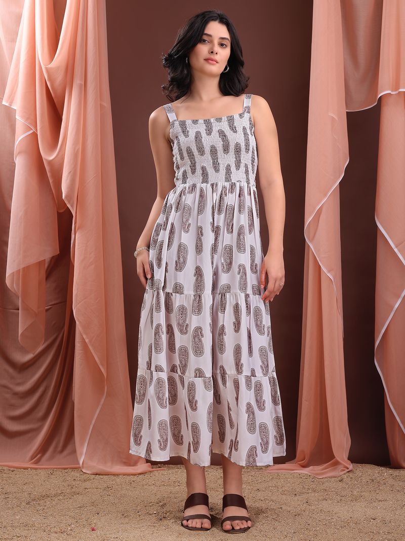 Women's White Printed Sleeveless Maxi Dress