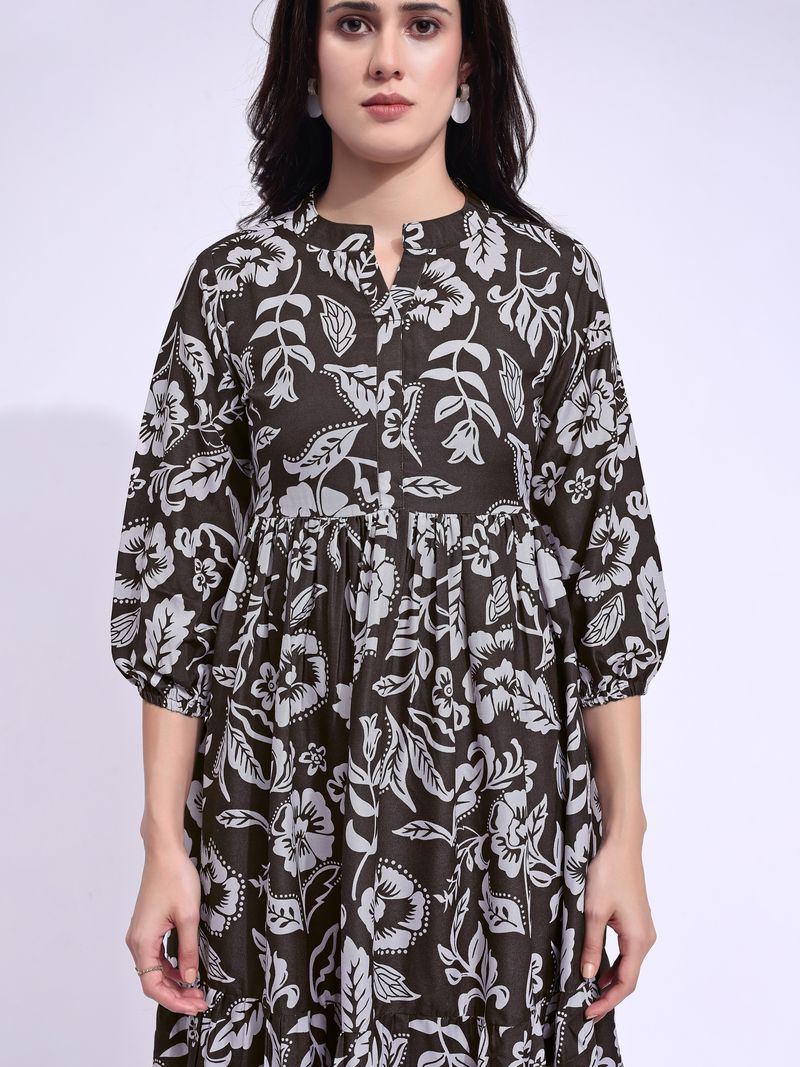 Women's Brown Fit & Flared Midi Puff Sleeve Dress