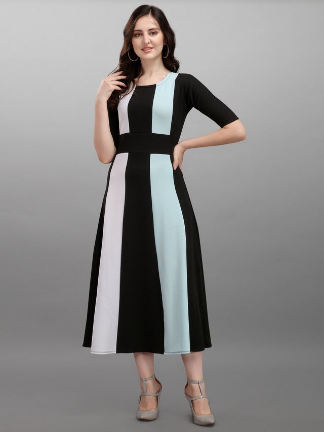Women Sky Blue & Black Fit & Flare dress