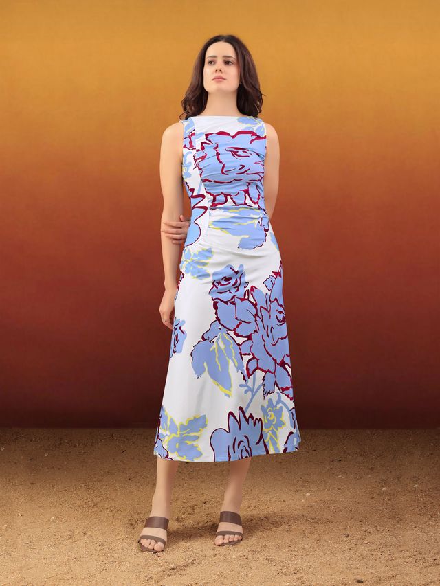 Women's Off White Printed Maxi  Sleeveless Dress