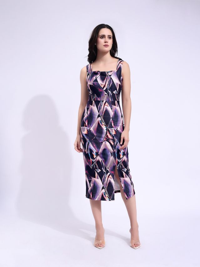 Women's Purple Printed Midi Sleeveless Dress
