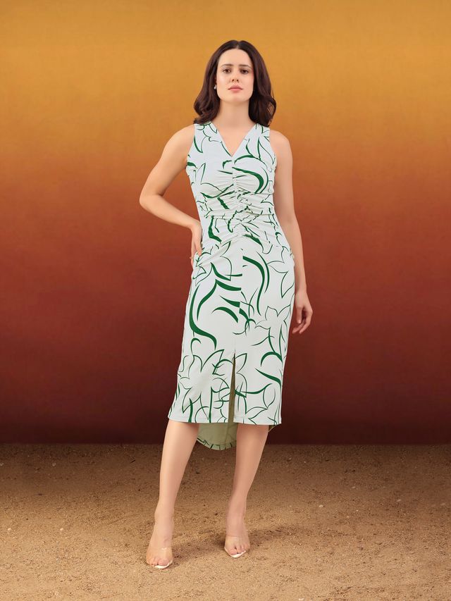 Women's Green Printed Midi  Sleeveless Dress