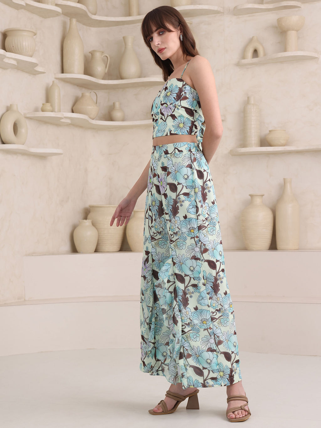 Women's Sea-Green Sweetheart Neck Sleevless Top & Palazzos Sets