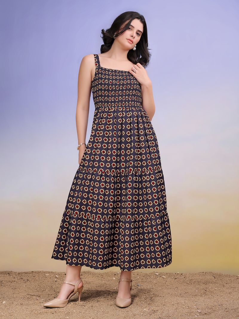 Women's Navy Blue Printed Sleeveless Maxi  Dress