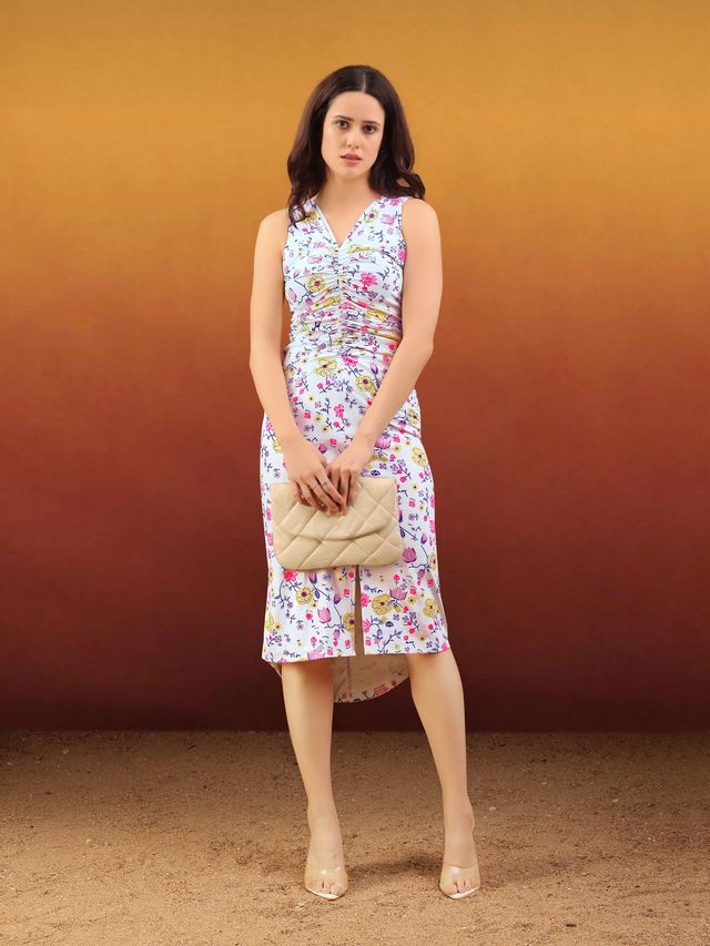 Women's White Printed Midi  Sleeveless Dress