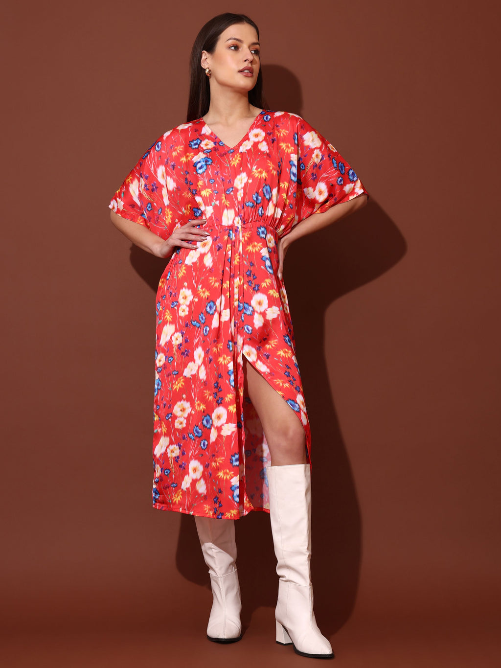 Women Red Party Midi/Calf Wrap Dress