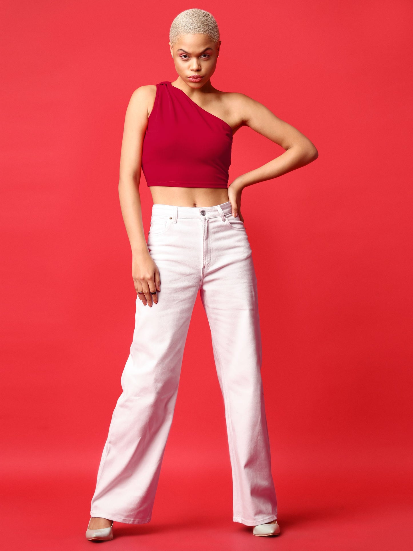 Red Asymmetric Neck Crop Top