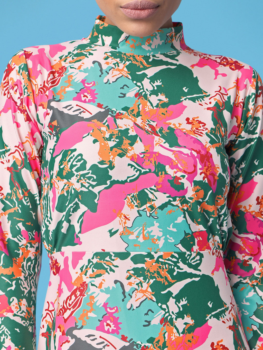 Turtle Neck Green A-Line Dress