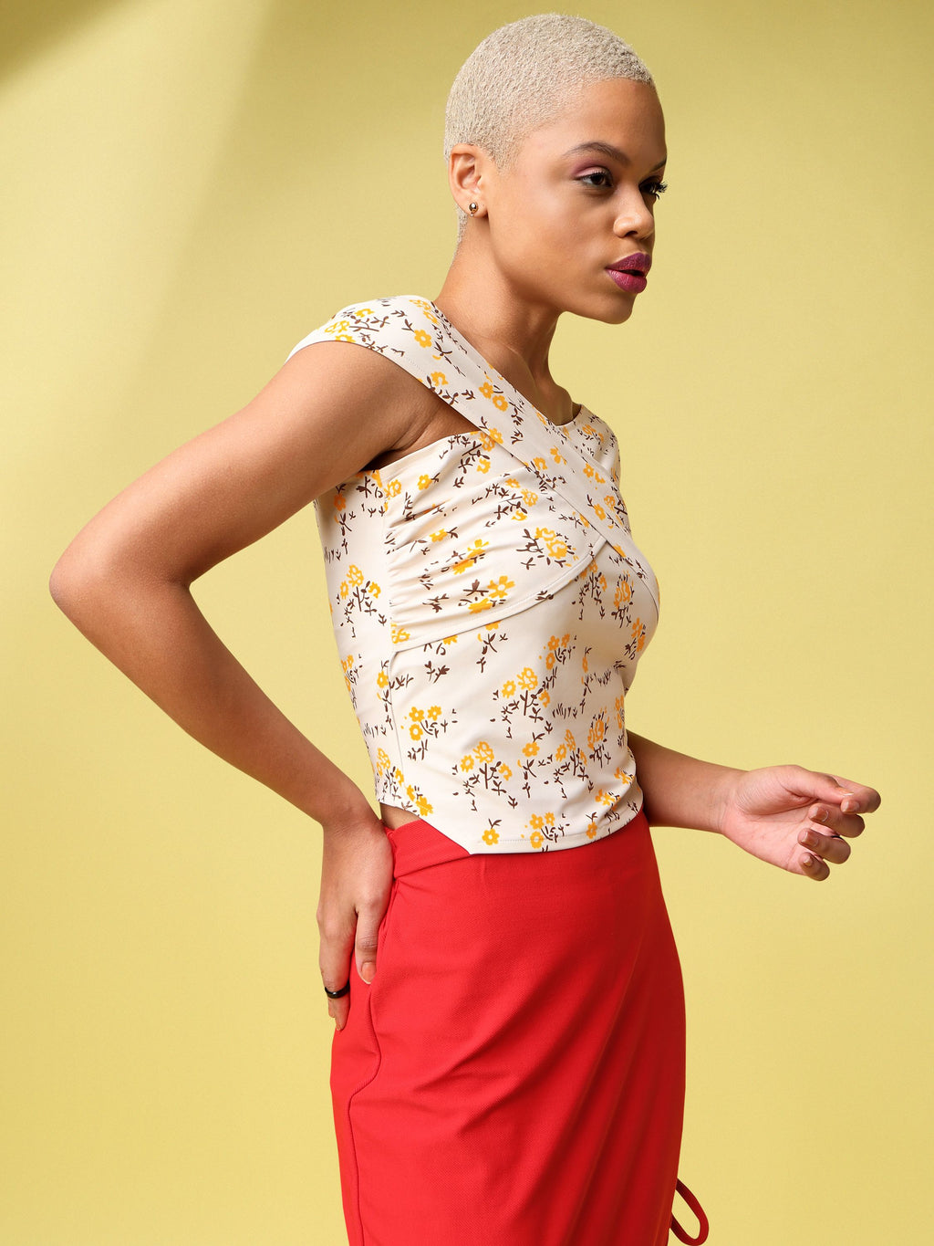 Yellow Off-Shoulder Floral Print Top