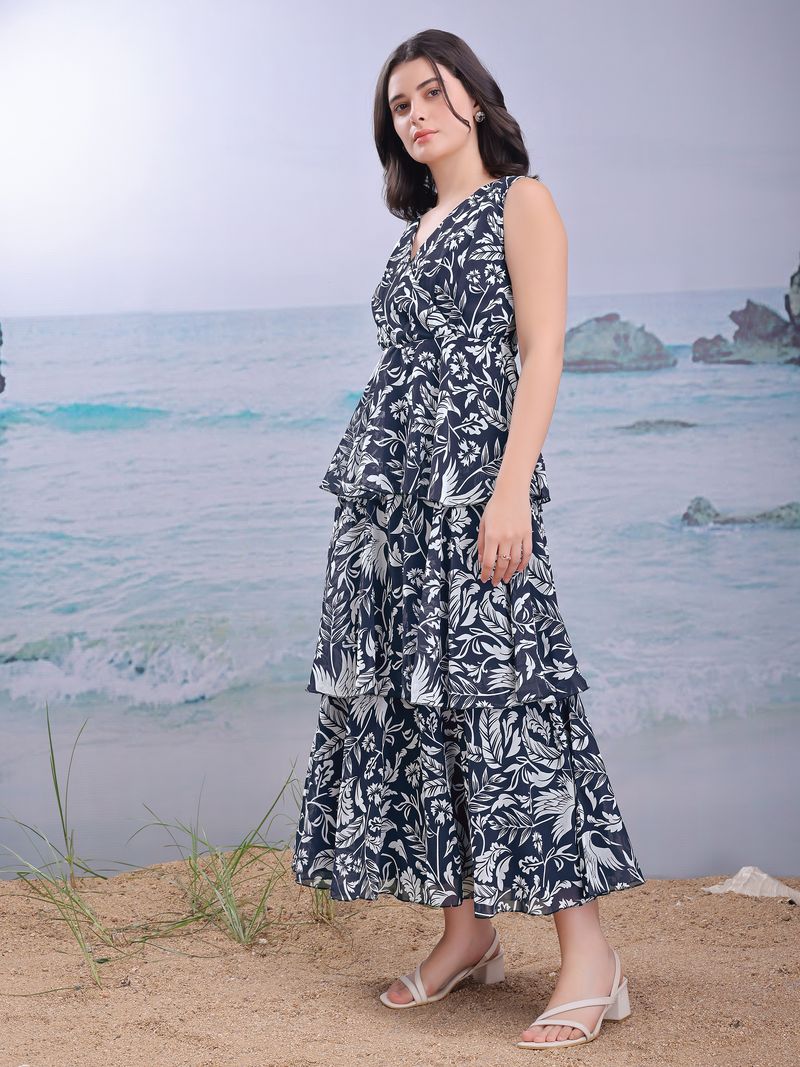 Women's Blue Fit & Flared Maxi Sleeveless Dress