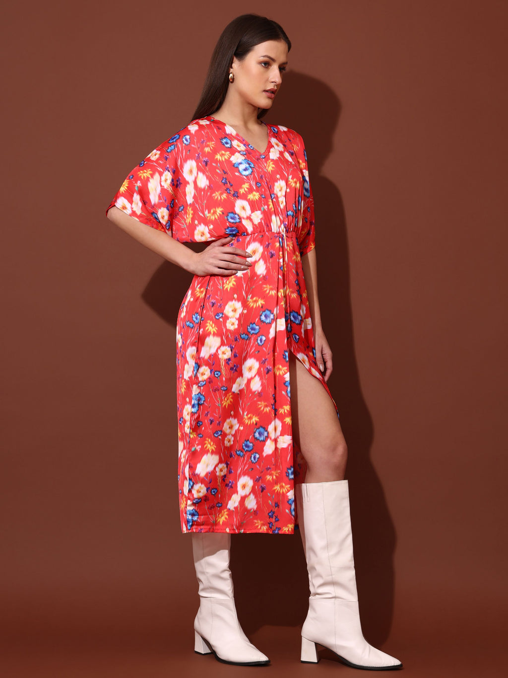 Women Red Party Midi/Calf Wrap Dress