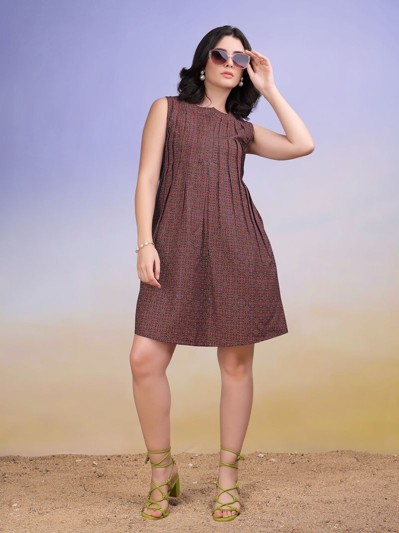 Women's Maroon Printed A-Line Sleeveless Dress