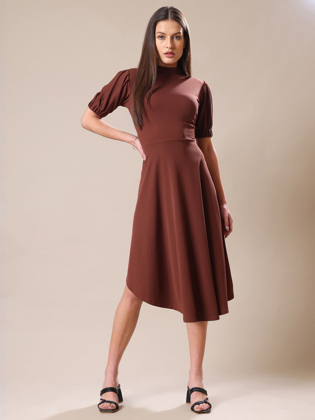 Women's Knee Length Flared Brown Dress