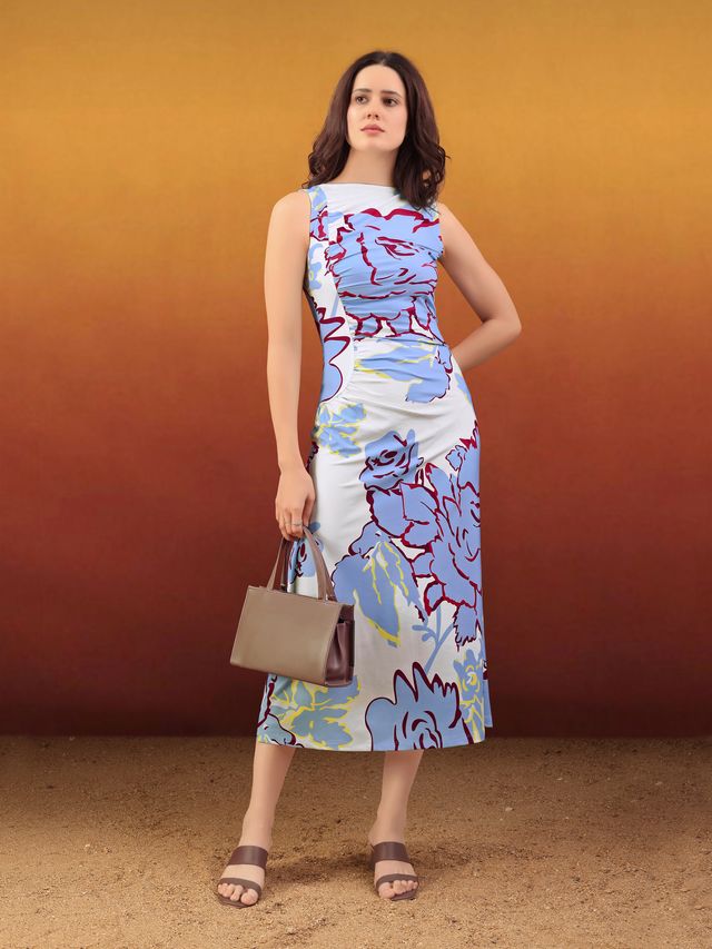 Women's Off White Printed Maxi  Sleeveless Dress