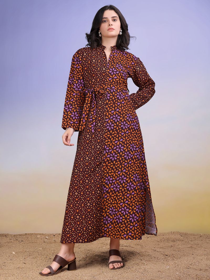 Women's Brown A-Line Bell Sleeve Cotton Blend Dress