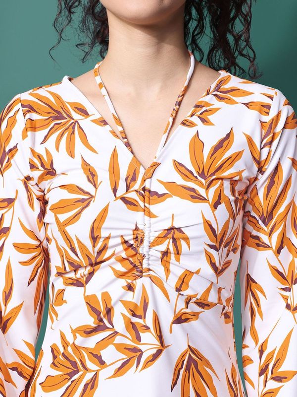 Women Yellow A line Leaf print Dress