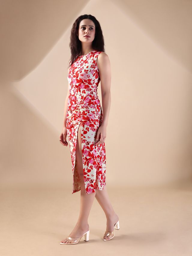 Sleeveless Midi Length Floral Printed Dress