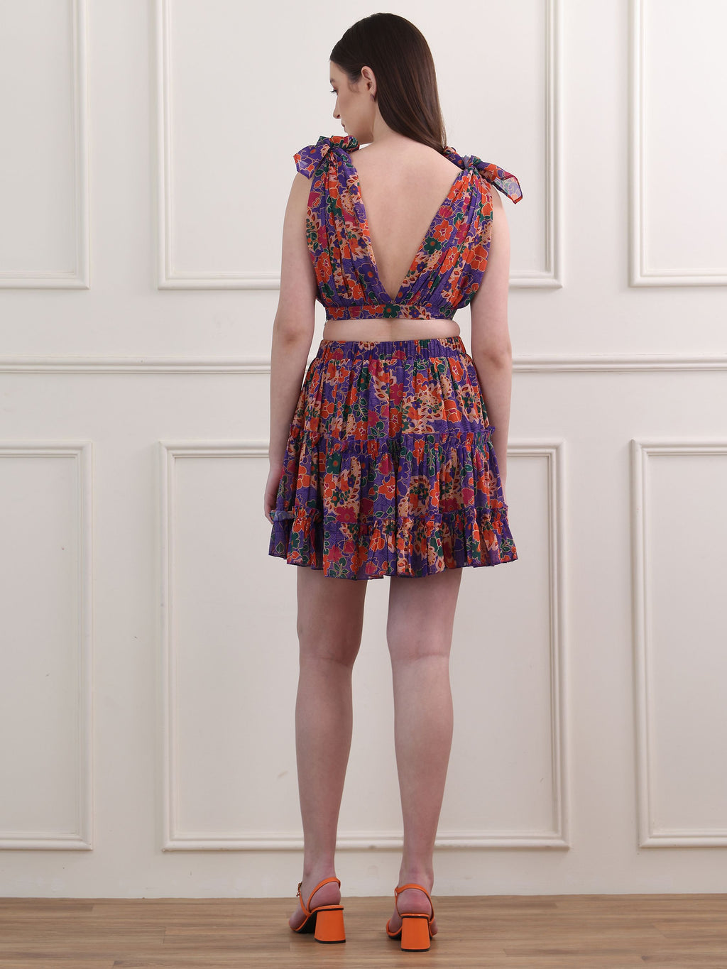 Women's Purple Sleeveless V-Neck Top & Skirt Sets