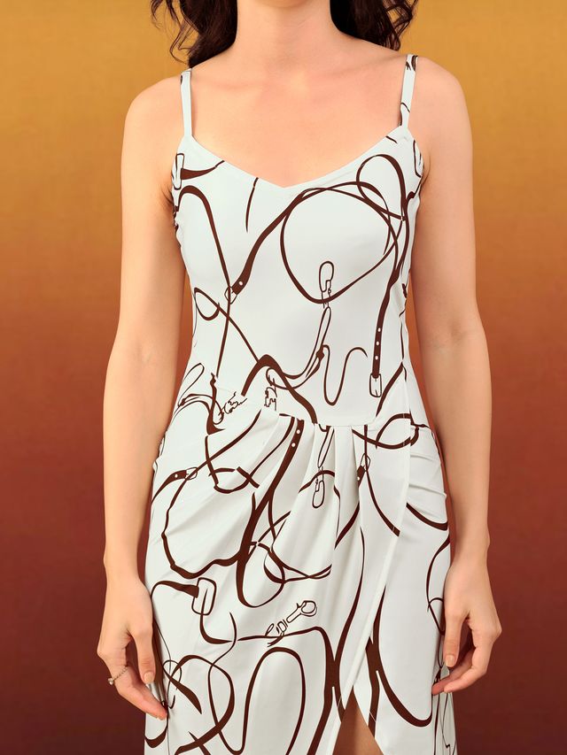 Women's Beige Printed Maxi  Sleeveless Dress