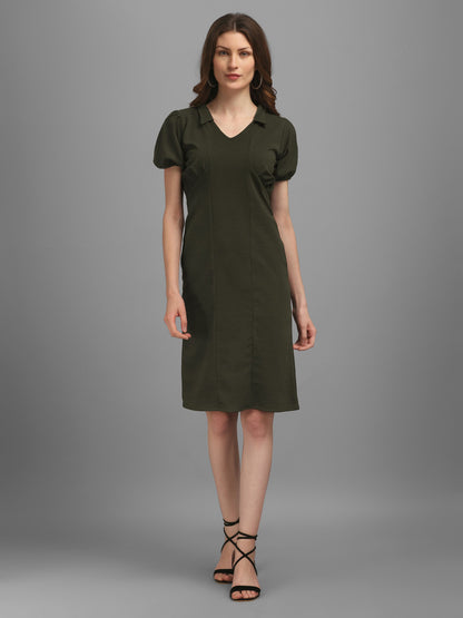 V-Neck Dark-Olive Bodycon Dress