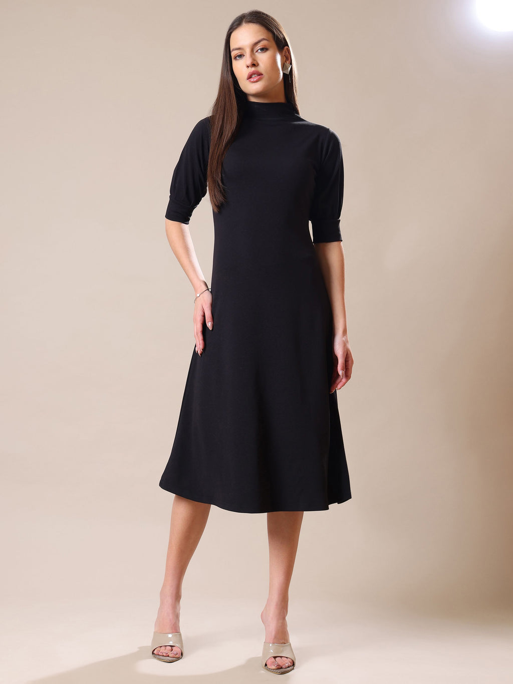 Women's A-Line Elbow Sleeve Black Dress